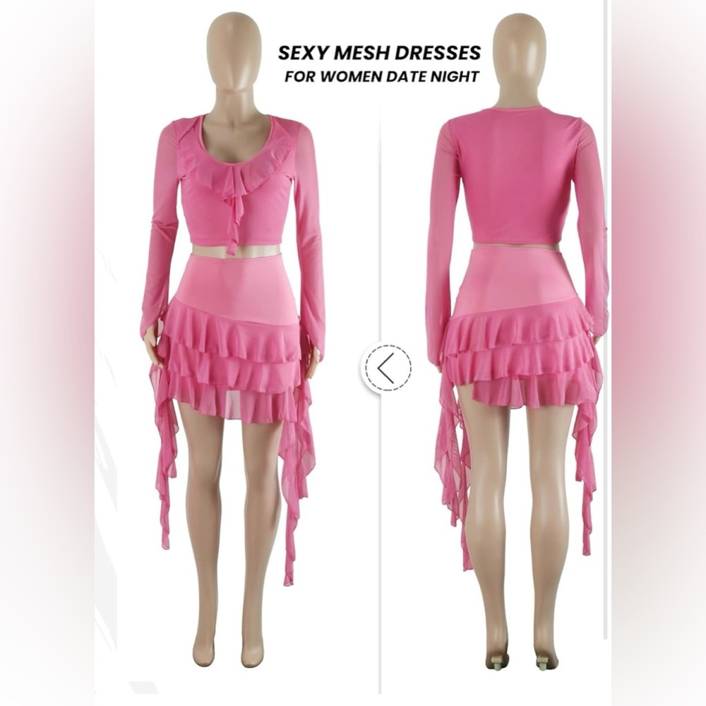 Sexy mesh Mini Dresses Date Night Ruffle Hem Cocktail Dress 2 Piece Skirt Sets - Picture 5 of 5
